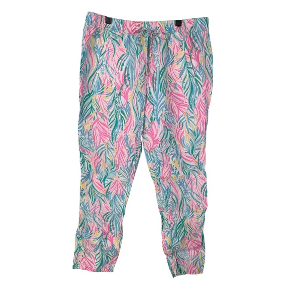 Lilly Pulitzer Taron Linen Tropical Leaf Elastic Waist Drawstring Pants Size L - Picture 2 of 15